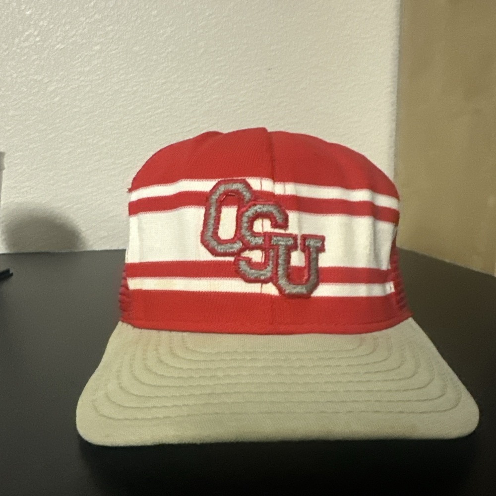 Vintage OSU Trucker Hat Snapback AJD Mesh Cap Red White‎ Striped Large USA